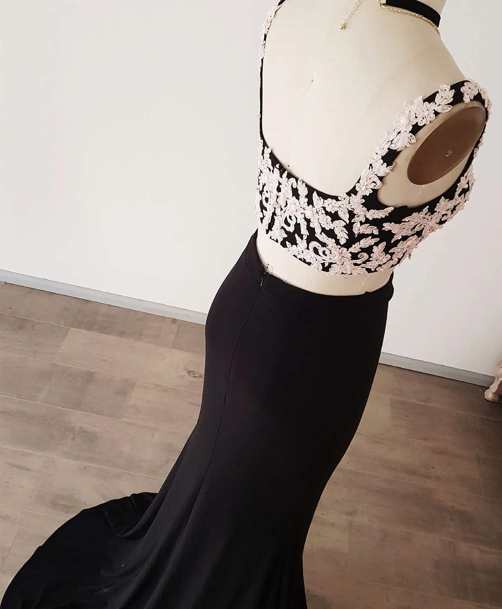 Black Lace Two Pieces Long Prom Dress, Black Evening Dress with Lace Beading - Deanwangkt