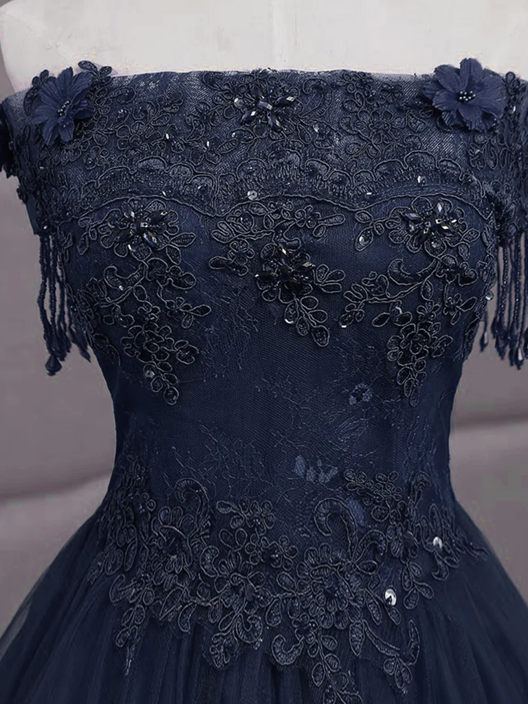 A-Line Tulle Lace Dark Blue Long Prom Dress, Dark Blue Long Sweet 16 Dress - Deanwangkt