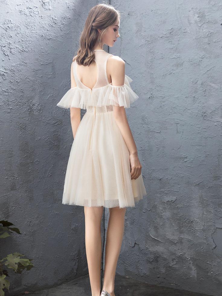 Cute Round Neck Tulle Champagne Short Prom Dress, Homecoming Dress - Deanwangkt