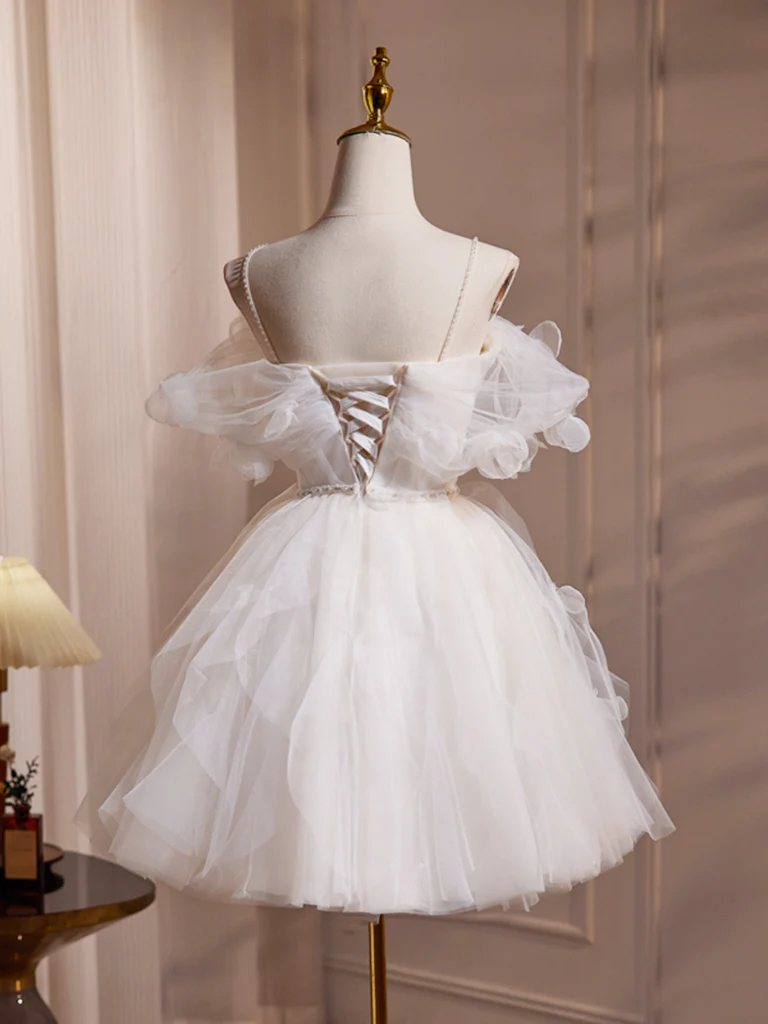 A-Line Off Shoulder Tulle White Short Prom Dress, Cute White Homecoming Dress - Deanwangkt