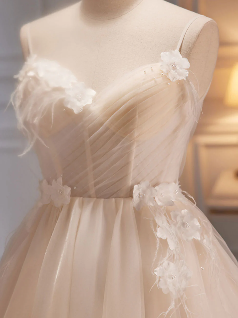 A-Line V Neck Tulle Light Champagne Short Prom Dress, Champagne Homecoming Dress - Deanwangkt