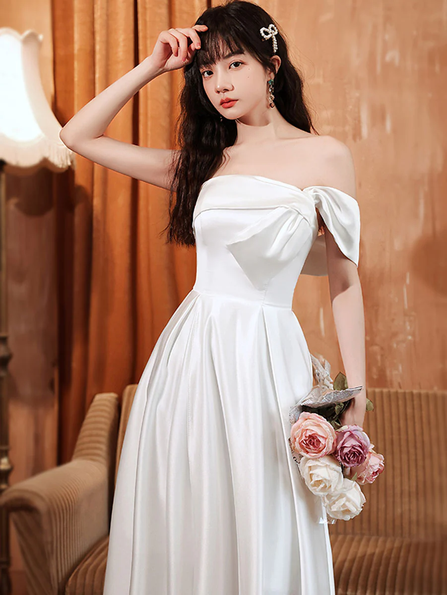 White A line Satin Long Prom Dress, White Satin Long Formal Evening Dress - Deanwangkt