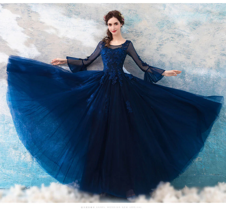 Blue Round Neck Lace Tulle Long Prom Dress, Lace Evening Dress - Deanwangkt