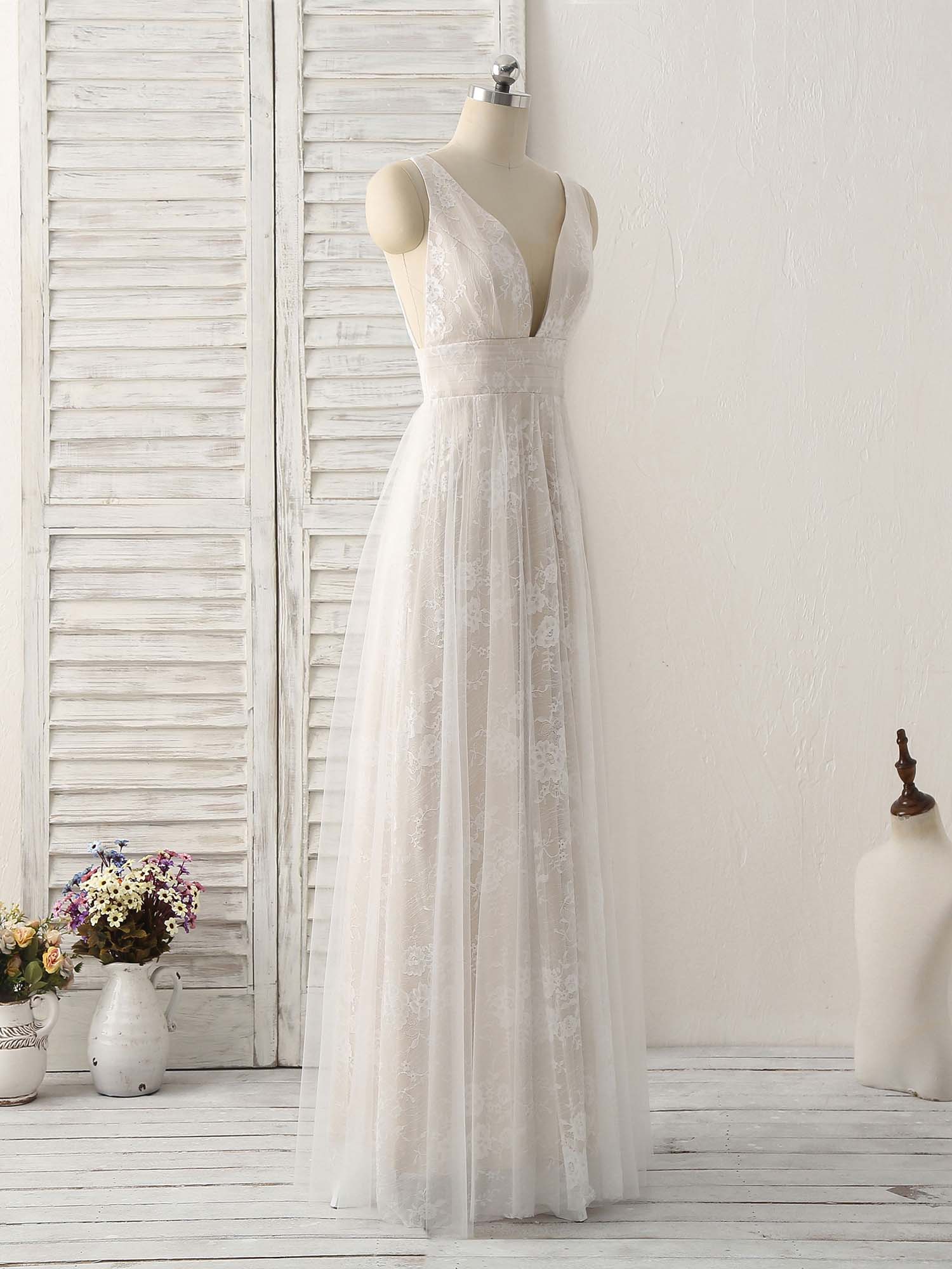 White V Neck Lace Long Prom Dress Backless Lace Evening Dress - Deanwangkt