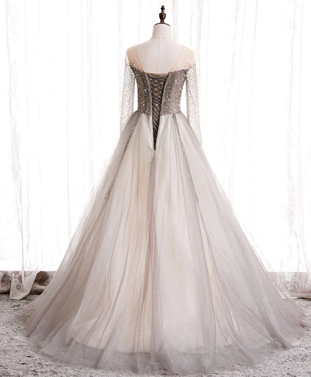 Light Champagne Long Prom Dress, A line Sequin Formal Evening Party Dress - Deanwangkt