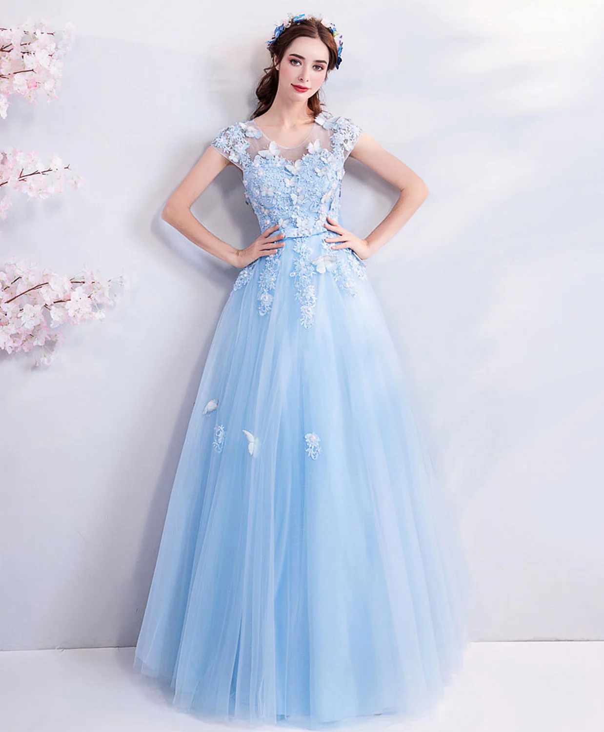 Sky Blue Lace Tulle Long Prom Dress, Blue Evening Dress - Deanwangkt