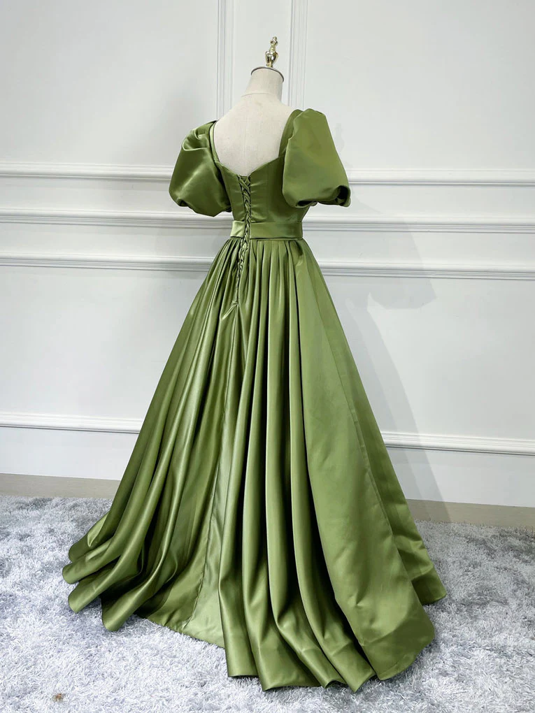 A line Satin Long Green Prom Dresses, Green Formal Evening Graduation Dresses - Deanwangkt