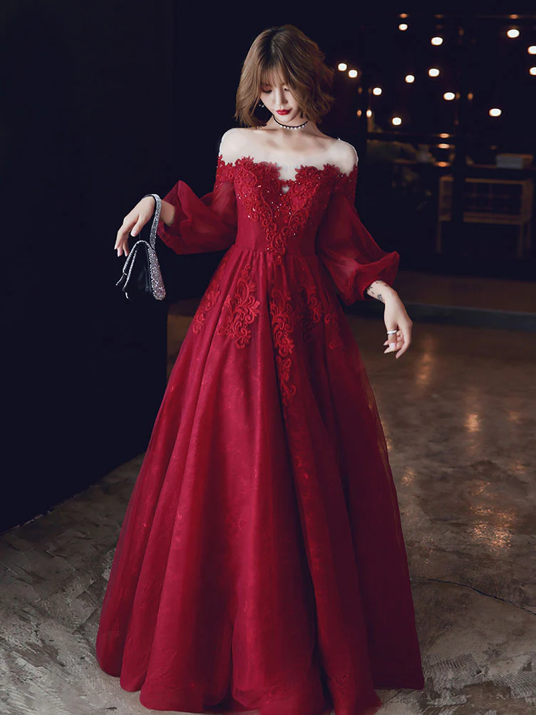 Red A line Tulle Lace Long Prom Dress, Tulle Lace Evening Dress - Deanwangkt