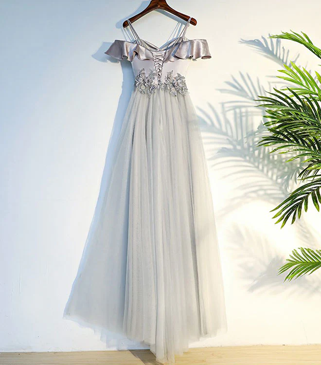 Gray A Line Lace Long Prom Dress, Gray Evening Dress - Deanwangkt