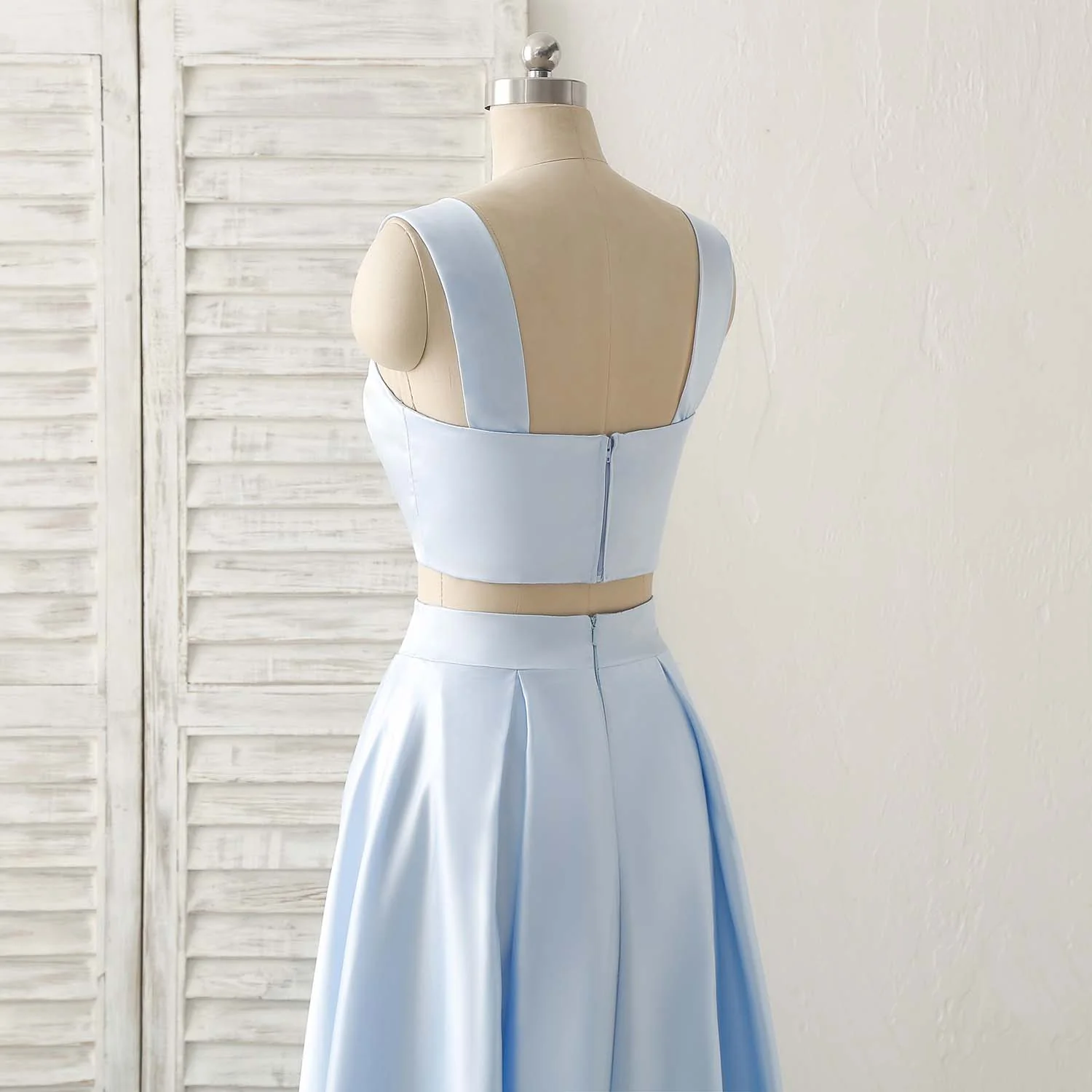 Light Blue Two Pieces Satin Long Prom Dress Simple Evening Dress - Deanwangkt