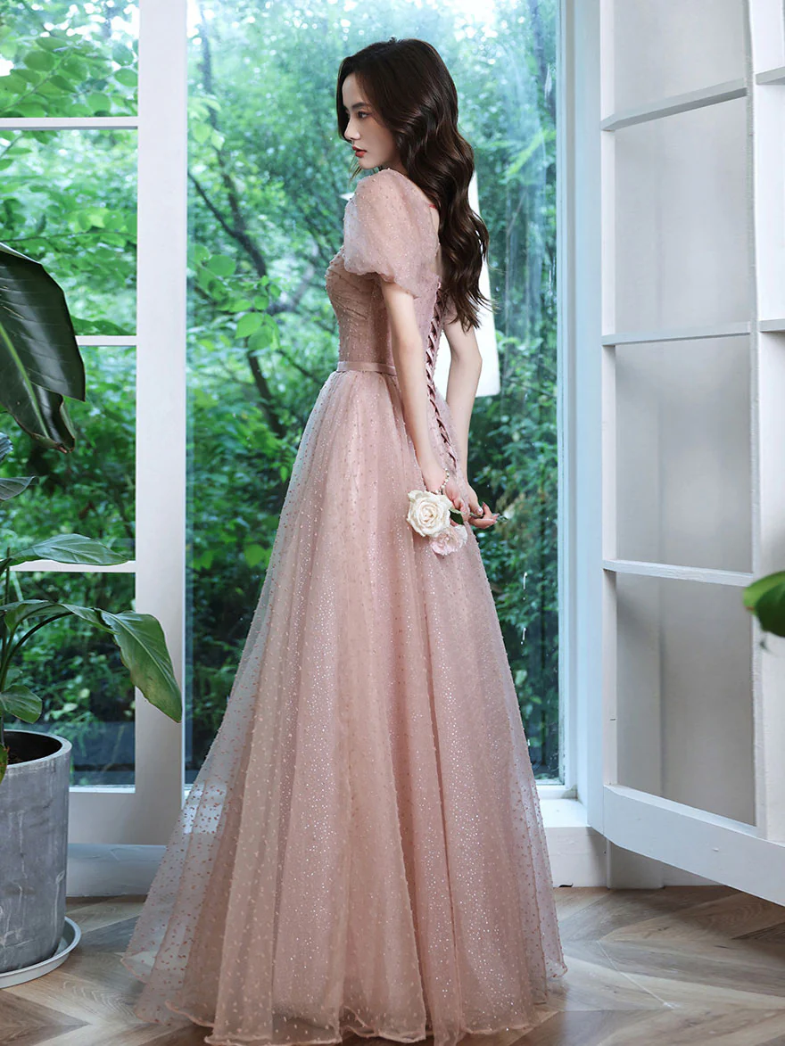 Pink A line Tulle Long Prom Dress. Pink Lace Bridesmaid Dress - Deanwangkt
