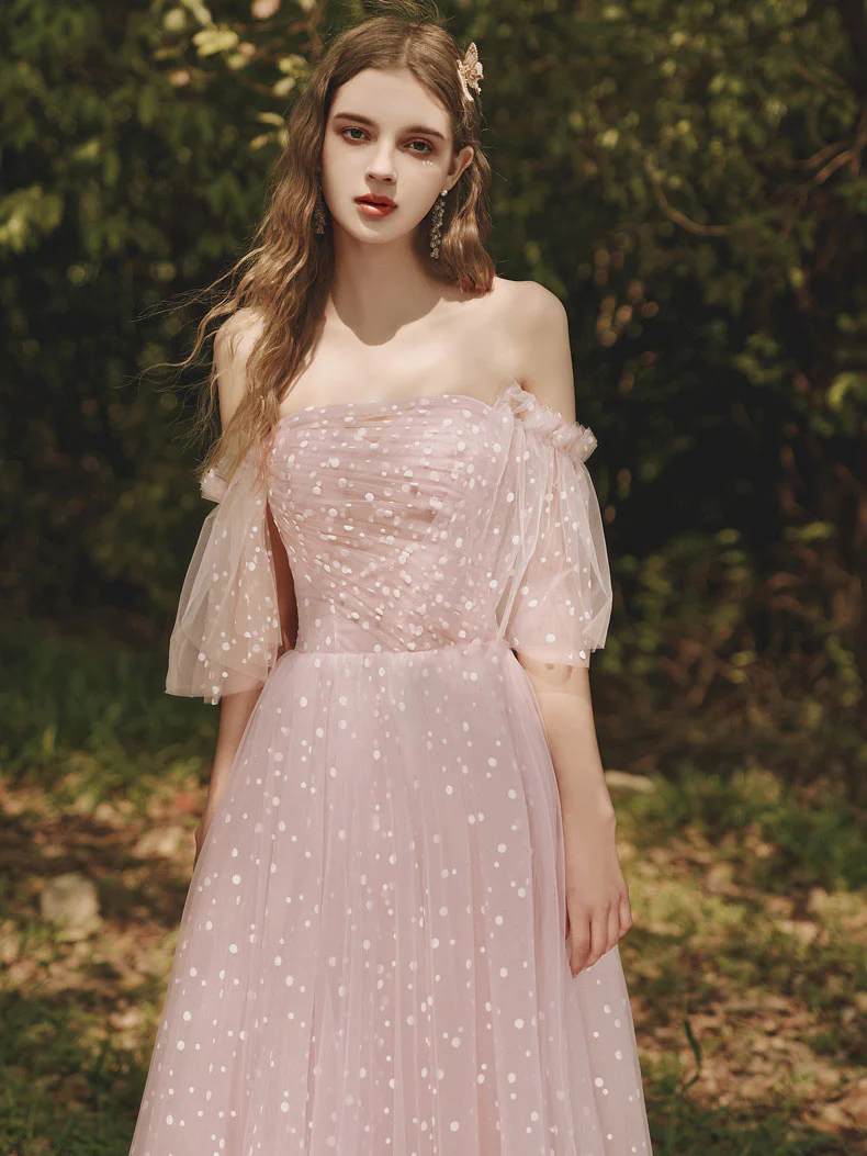 Aline Pink Tulle Long Prom Dresses, Pink Off Shoulder Formal Graduation Dresses - Deanwangkt