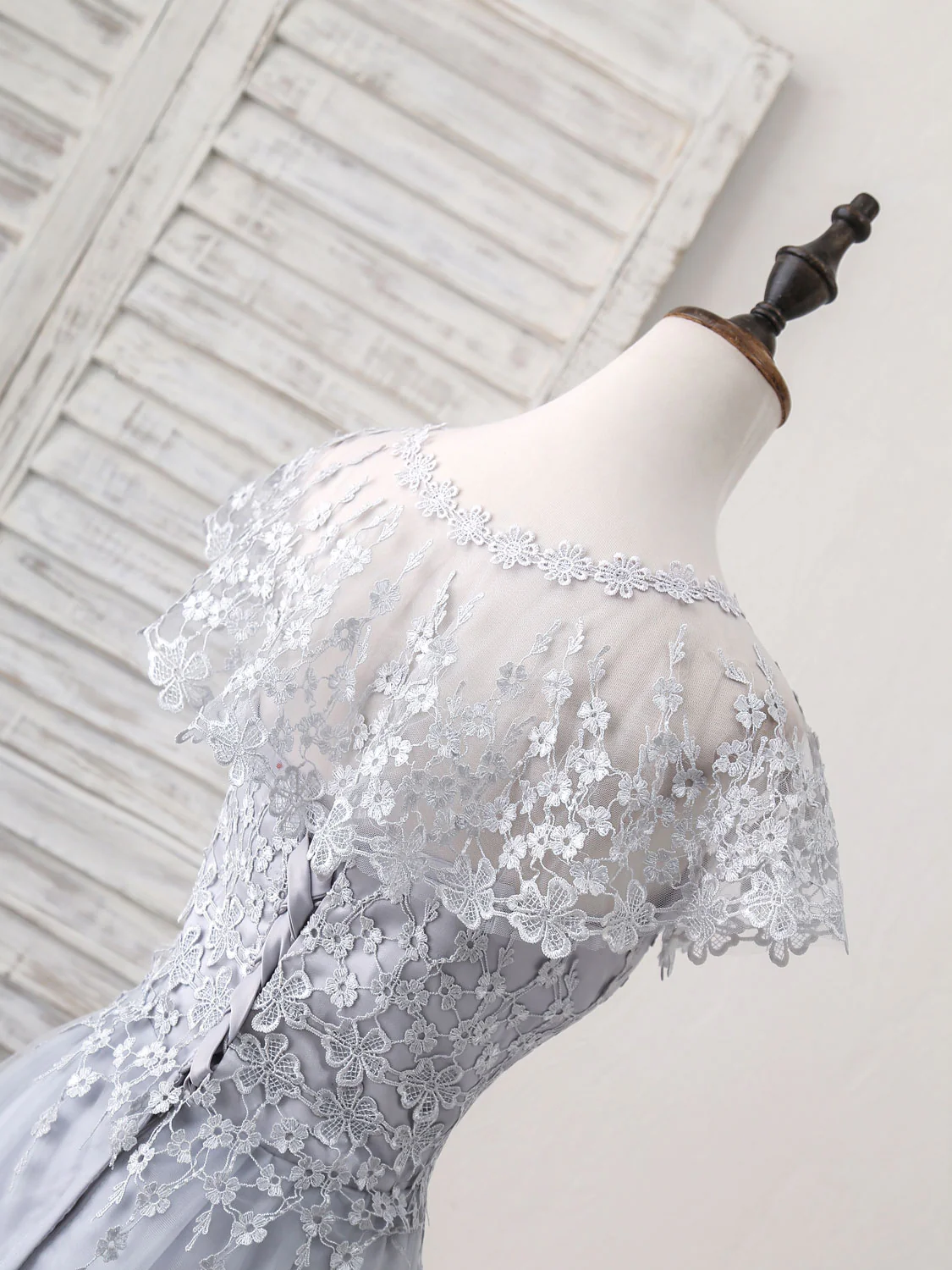 Gray Round Neck Lace Tulle Long Prom Dress, Gray Evening Dress - Deanwangkt