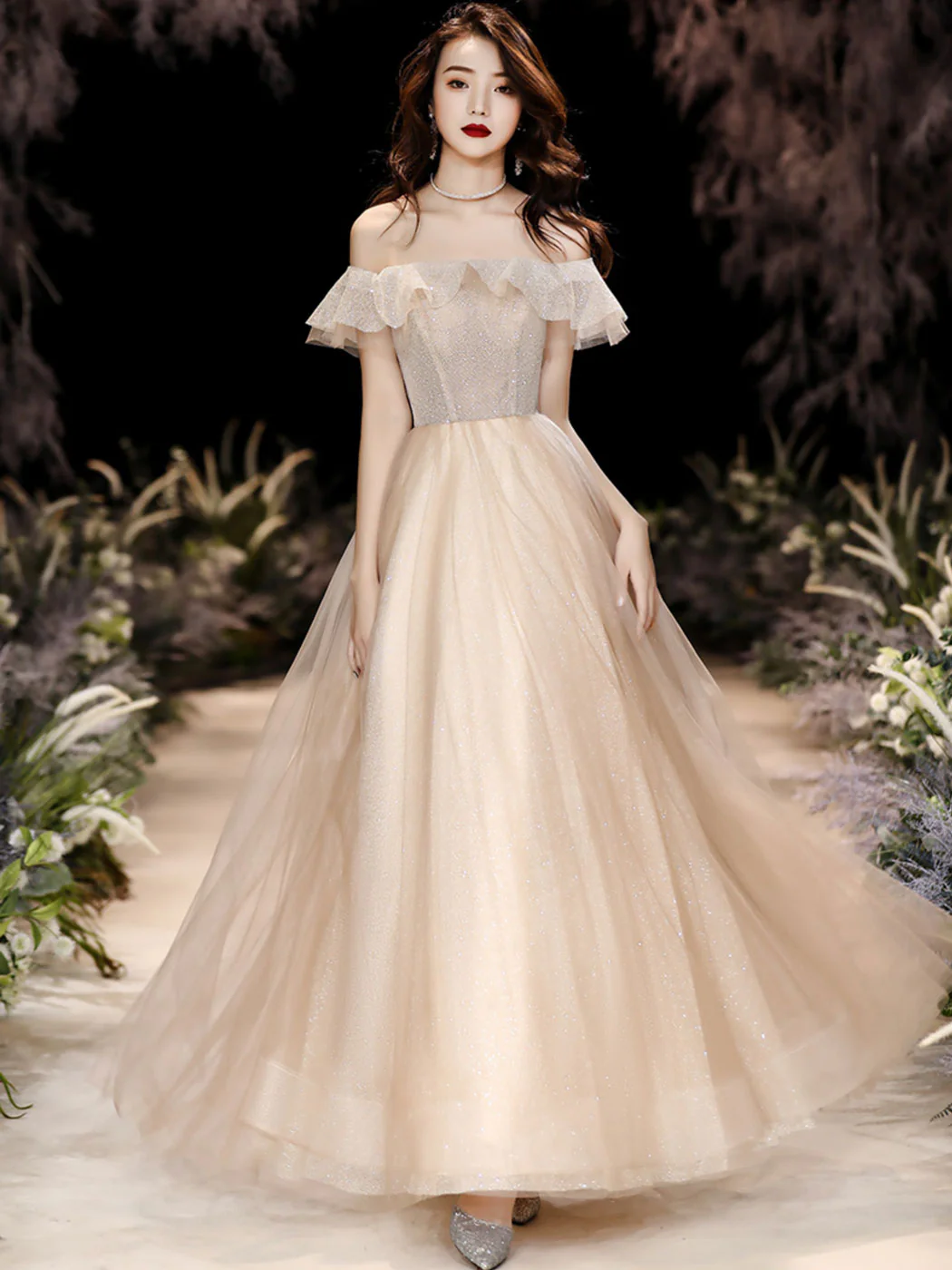 Champagne Tulle Sequin Long Prom Dress, Tulle Formal Dress - Deanwangkt