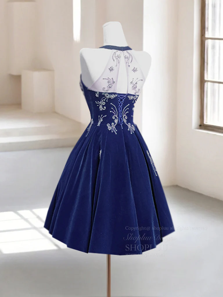 A-Line Velvet Beads Dark Blue Short Prom Dress, Dark Blue Homecoming Dress - Deanwangkt