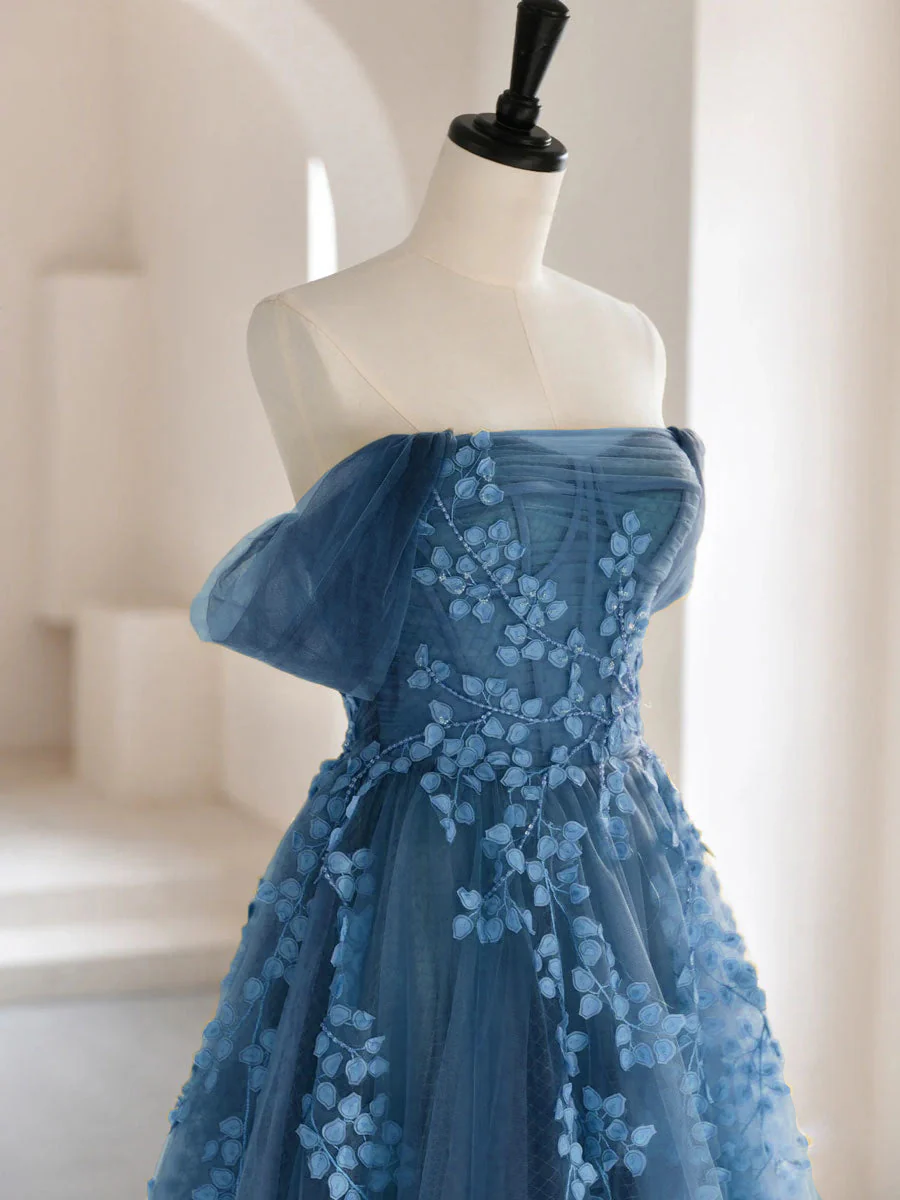 A-line Off Shoulder Gray Blue Tulle Long Prom Dress, Gray Blue Long Formal Dress - Deanwangkt