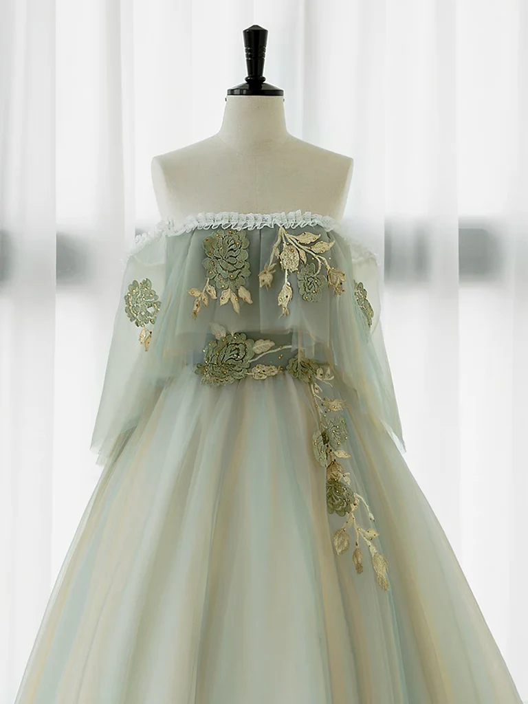 A-Line Green Tulle Lace Long Prom Dress, Green Tulle Lace Long Formal Dress - Deanwangkt