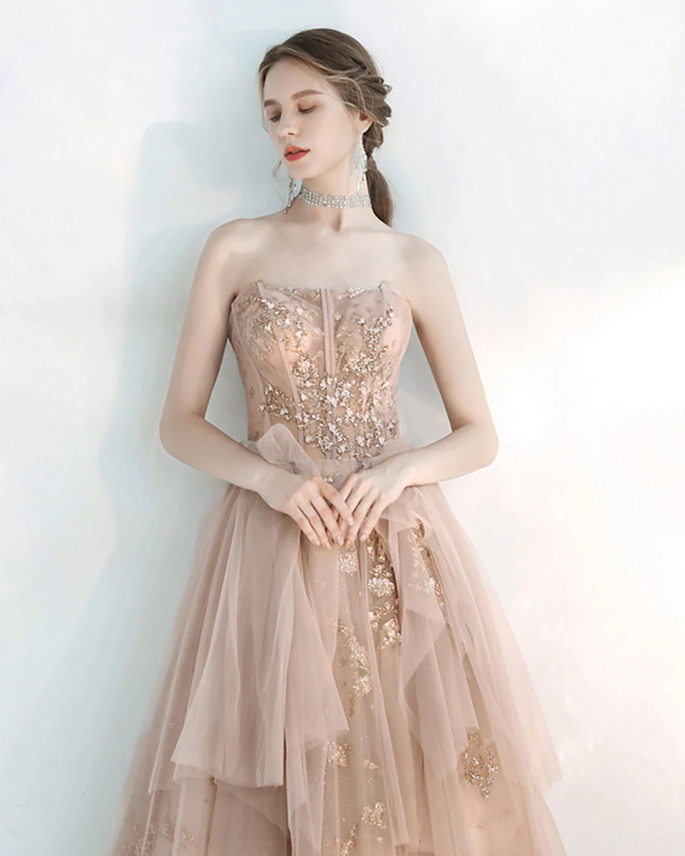 Champagne Sweetheart Tulle Lace Long Prom Dress, Sequin Formal Graduation Dress - Deanwangkt