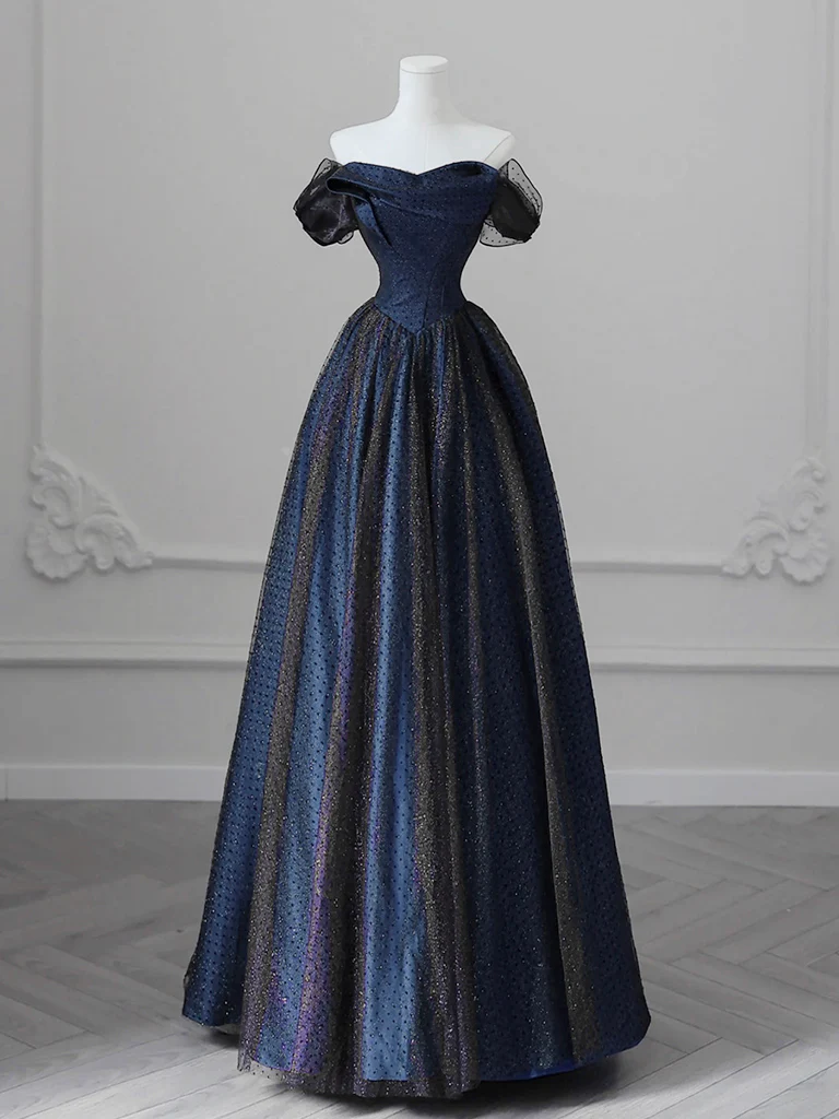 A-line Off Shoulder Satin Tulle Dark Blue Long Prom Dress, Dark Blue Long Formal Dress - Deanwangkt