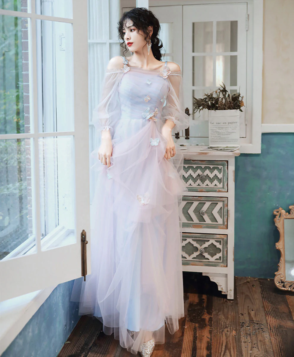 Elegant Pink Blue Tulle Long Prom Dress Pink Blue Formal Dress - Deanwangkt