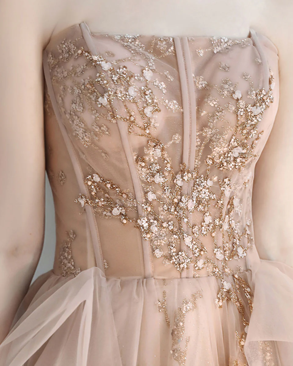 Champagne Sweetheart Tulle Lace Long Prom Dress, Sequin Formal Graduation Dress - Deanwangkt