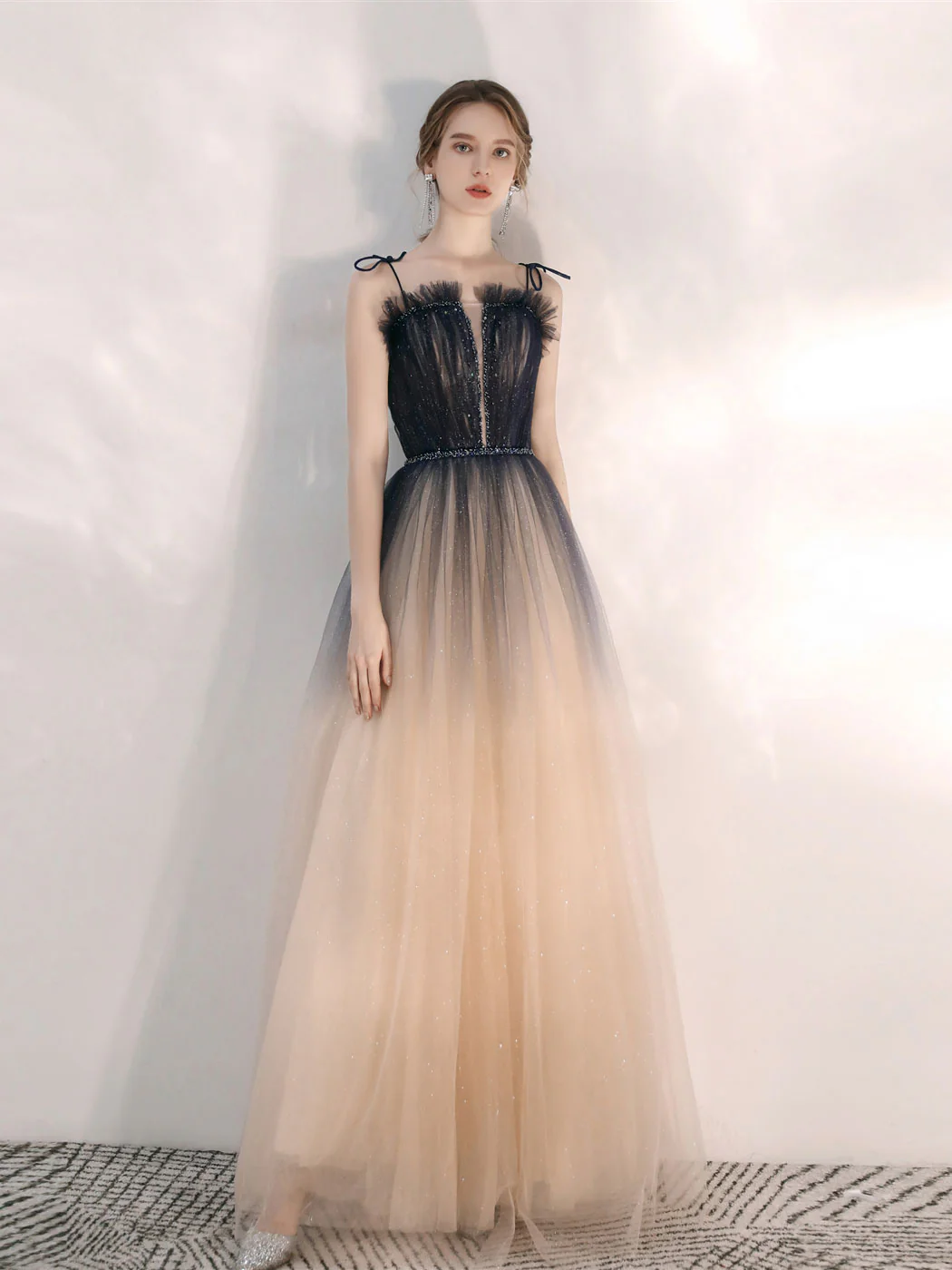 Champagne A line Tulle Sequin Long Prom Dress, Champagne Evening Dress - Deanwangkt