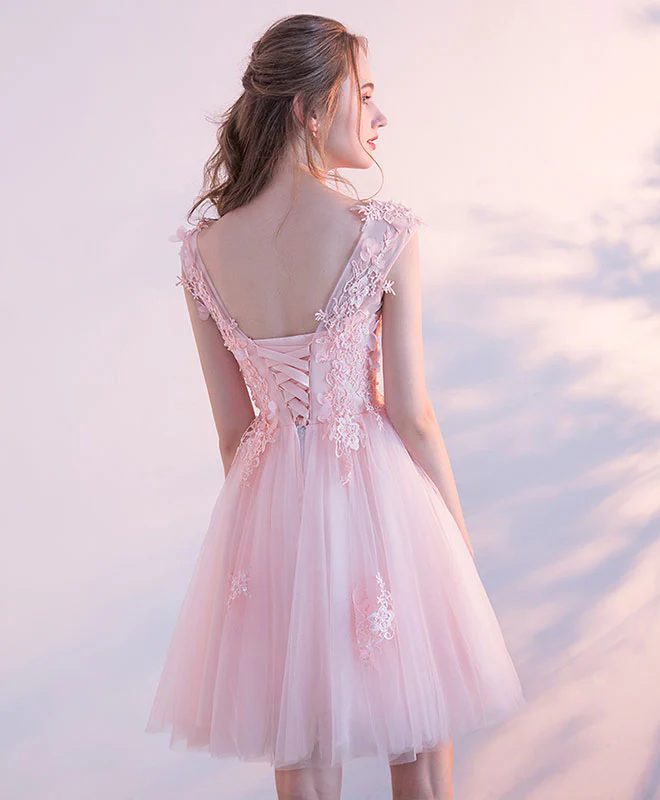 Pink Lace Tulle Short Prom Dress, Lace Pink Cute Homecoming Dresses - Deanwangkt