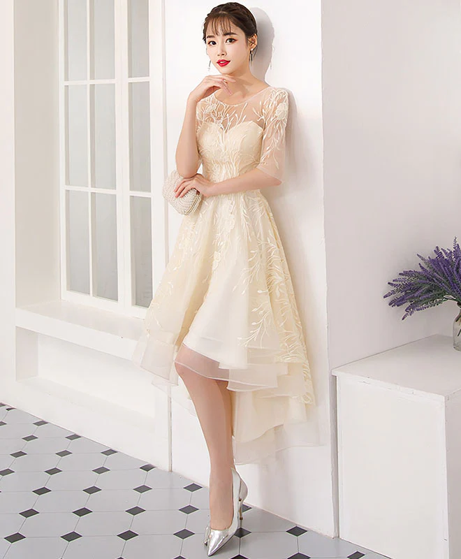 Champagne Tulle Lace Short Prom Dress, Champagne Tulle Homecoming Dress - Deanwangkt