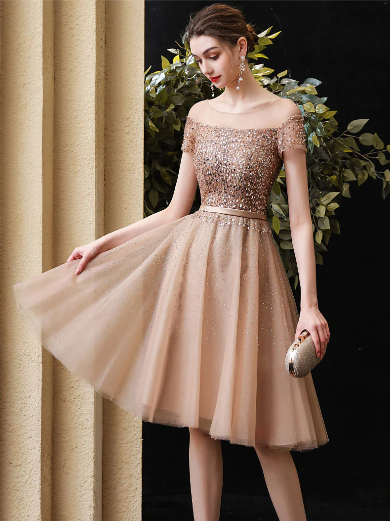 Champagne Round Neck Tulle Sequin Short Prom Dress Champagne Homecoming Dress - Deanwangkt