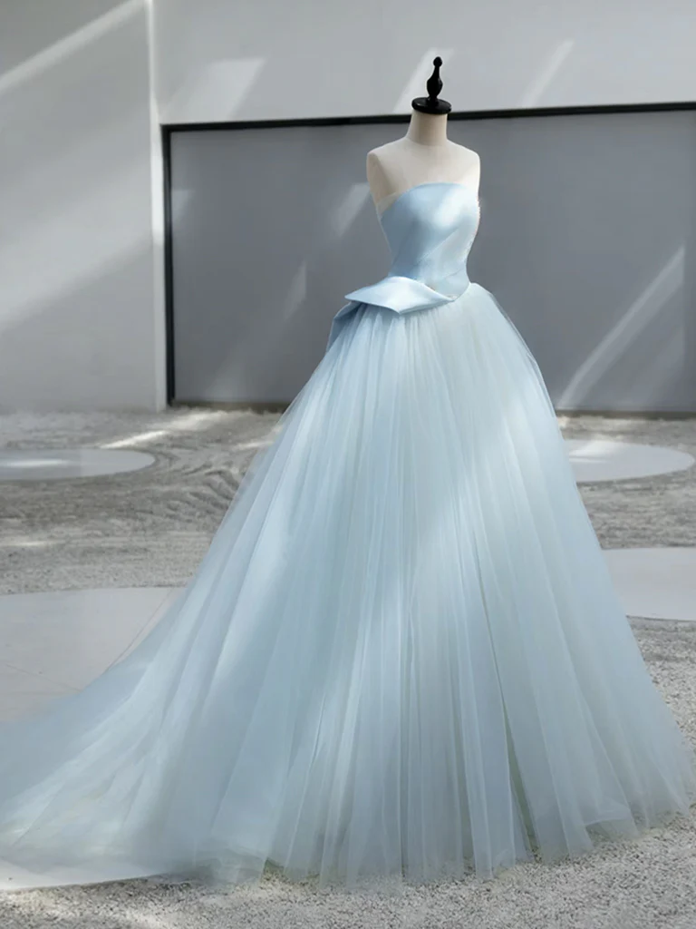 A-Line Tulle Blue Long Prom Dress, Blue Tulle Long Formal Dress - Deanwangkt