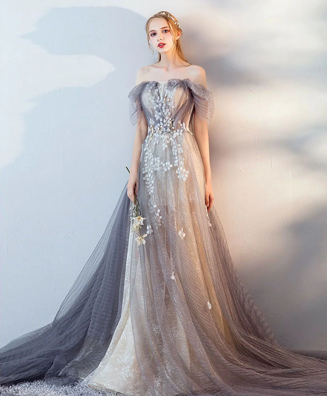 Gray Tulle Lace Long Prom Dress, Gray Tulle Lace Evening Dress - Deanwangkt