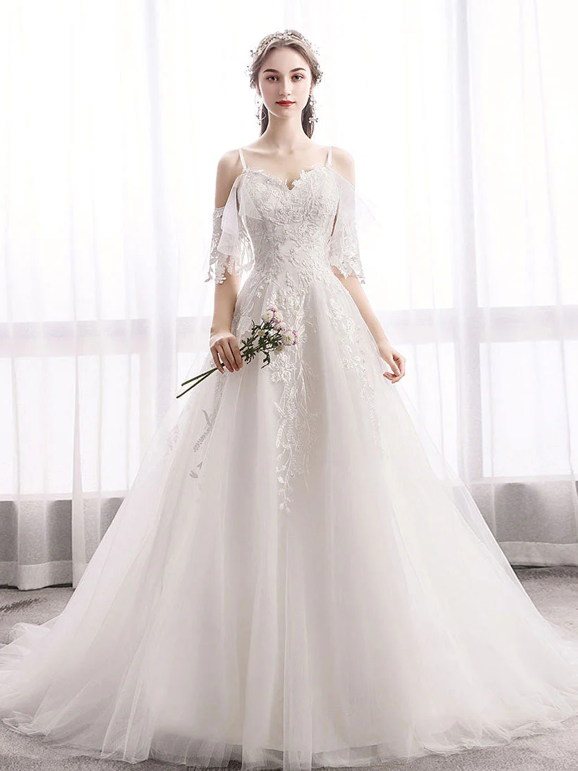 White Sweetheart Lace Tulle Long Wedding Dress, Lace Bridal Dress - Deanwangkt