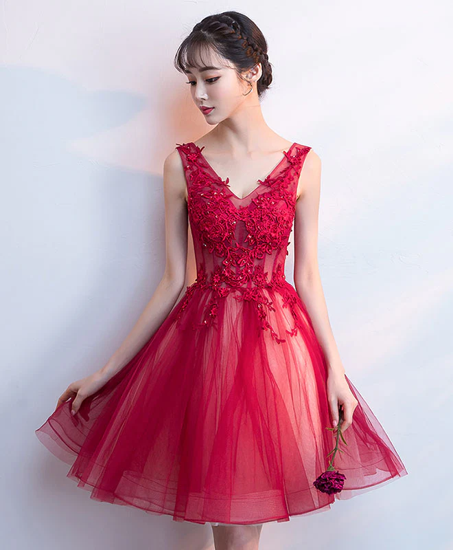 Burgundy V Neck Tulle Lace Short Prom Dress, Burgundy Homecoming Dress - Deanwangkt