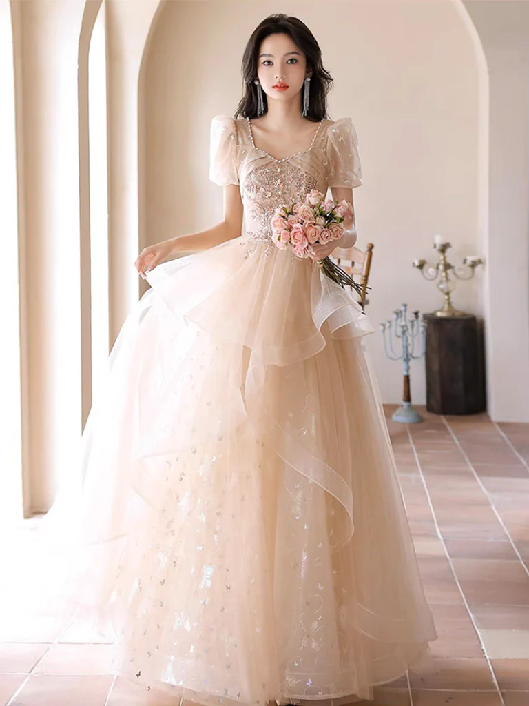 A-Line Champagne Tulle Sequin Long Prom Dress, Champagne Formal Dress - Deanwangkt