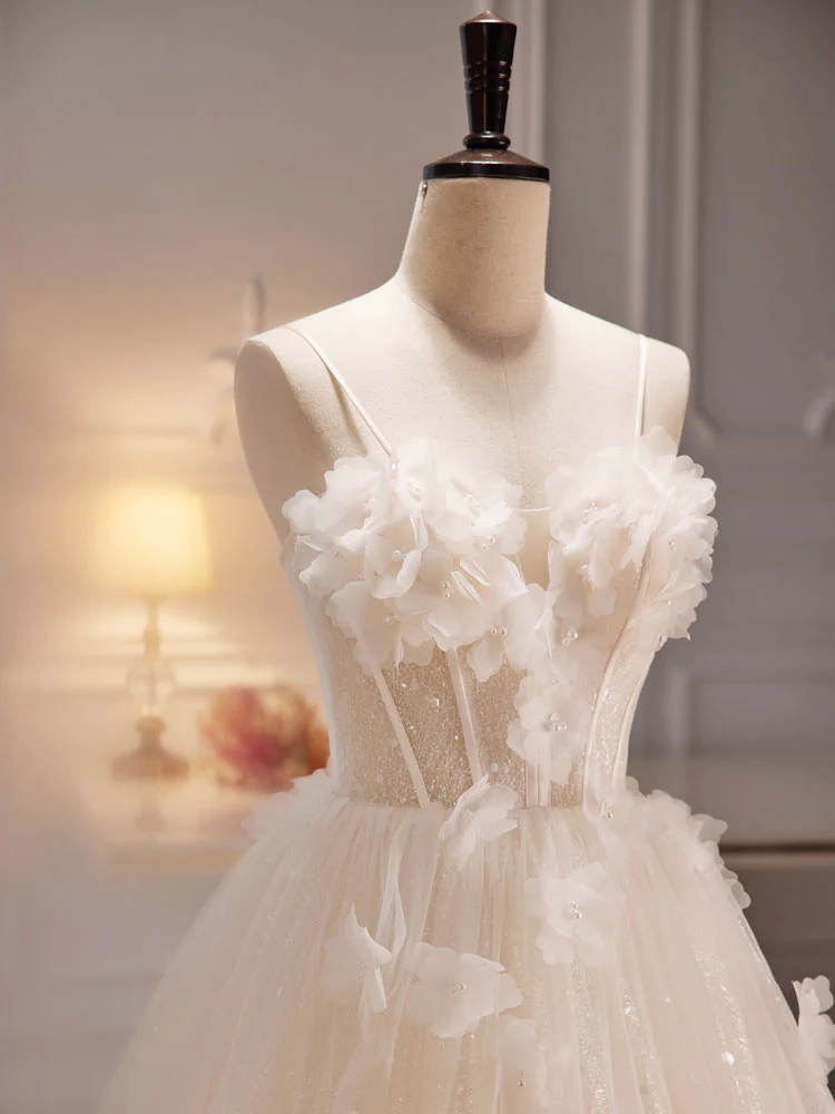 A-Line Tulle Flower Light Champagne Long Prom Dresses, Shiny Formal Dresses - Deanwangkt