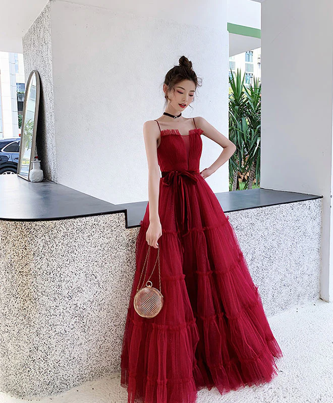 Burgundy A-Line Tulle Long Prom Dress Burgundy Tulle Formal Dress - Deanwangkt