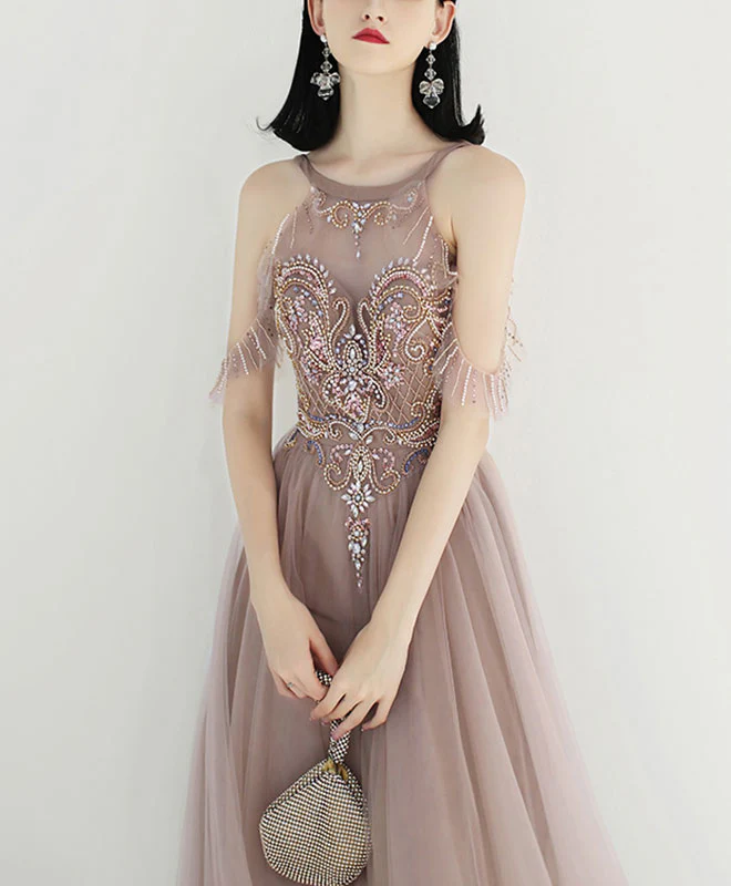 Unique Tulle Beads Long Prom Dress, Tulle Formal Dress - Deanwangkt