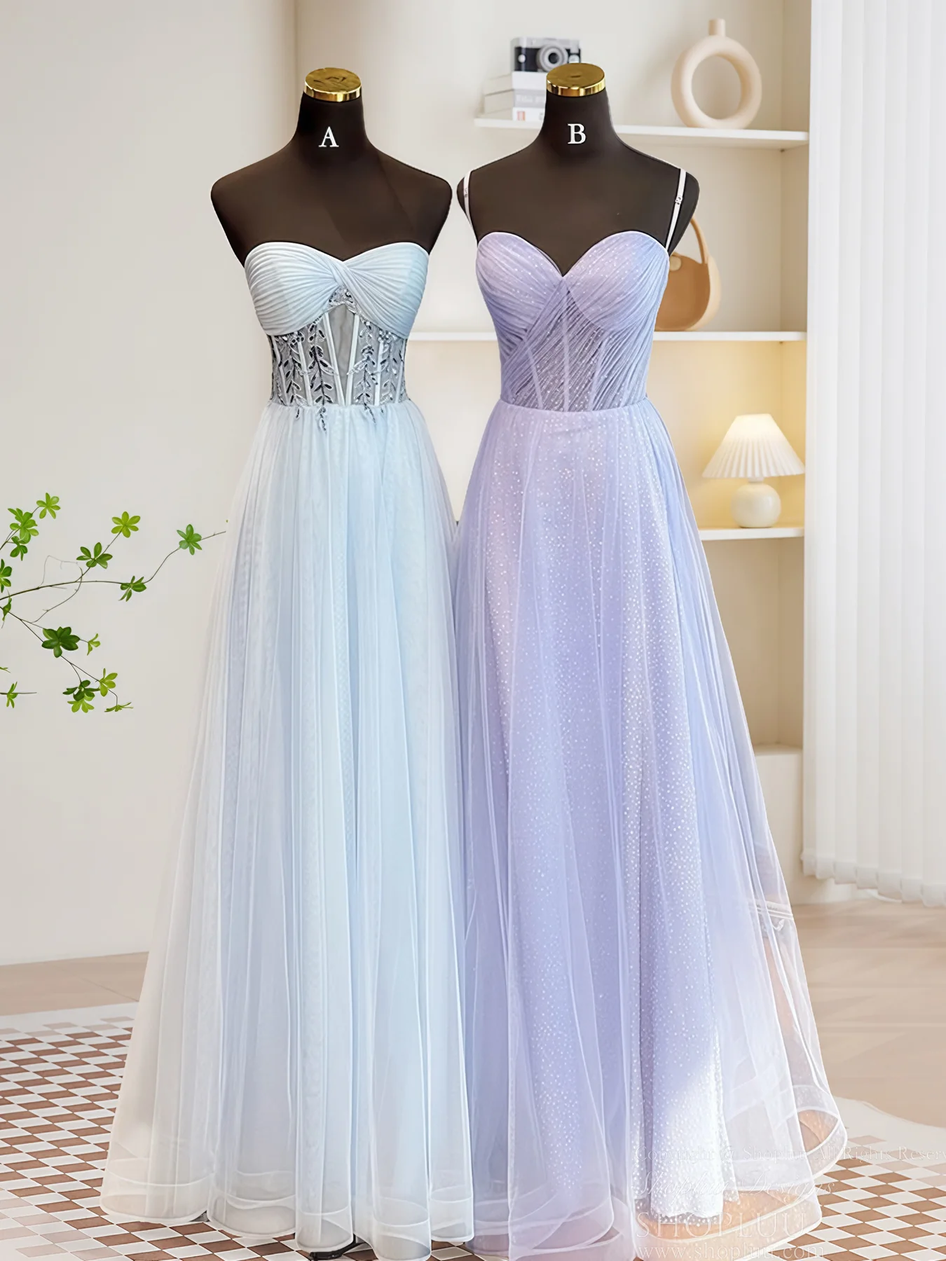 A-Line Sweetheart Neck Tulle Long Blue Prom Dress, Blue Long Formal Dress - Deanwangkt