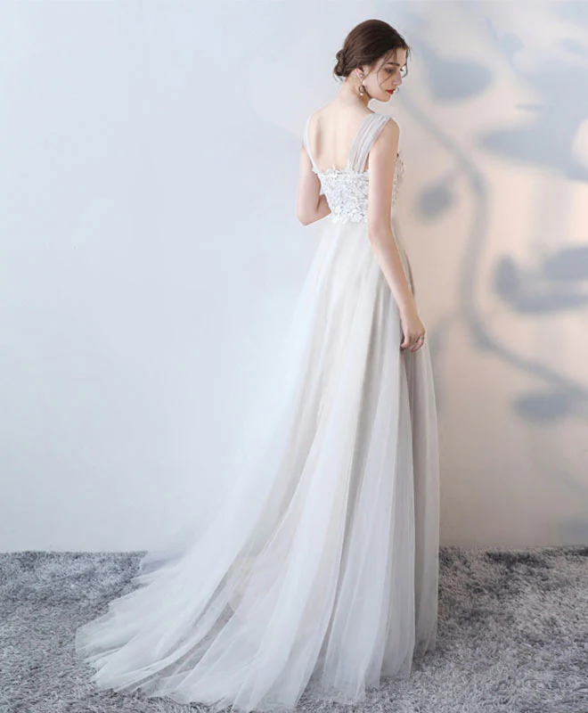 Elegant White Lace Tulle Long Prom Dress, White Evening Dress - Deanwangkt