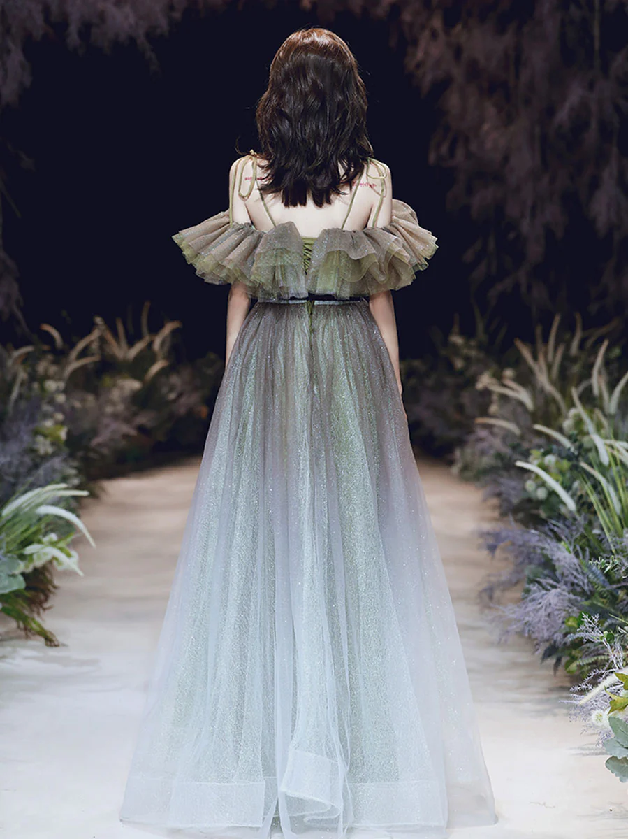 Unique Tulle Off Shoulder Long Prom Dress, Tulle Sequin Evening Dresses - Deanwangkt