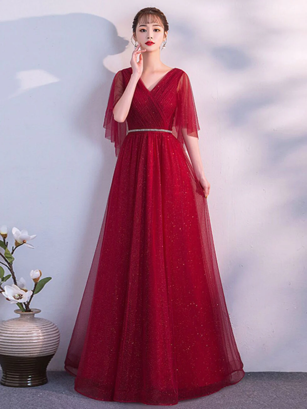 Simple V Neck Tulle Sequin Long Prom Dress, A line Tulle Evening Dresses - Deanwangkt