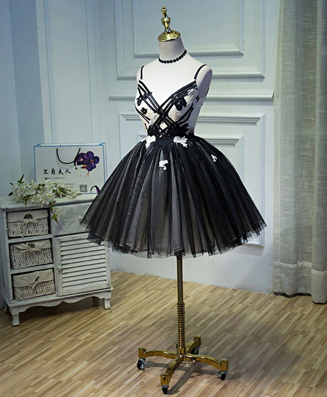 Unique Black Tulle Short Prom Dress, Black Homecoming Dresses - Deanwangkt