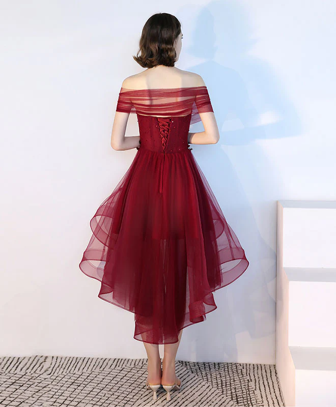 Burgundy Tulle Lace Short Prom Dress, Burgundy Tulle Evening Dress - Deanwangkt