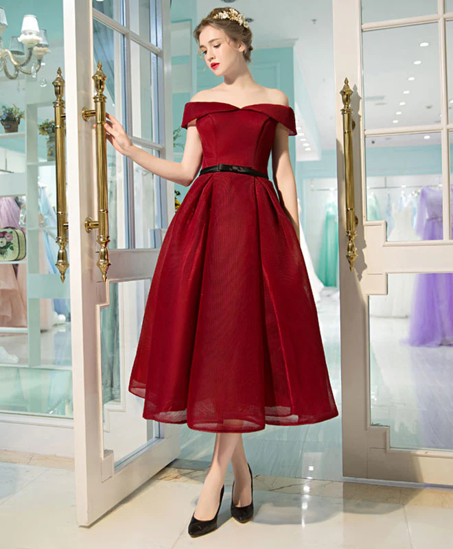 Burgundy Off Shoulder Short Prom Dress, Burgundy Evening Dress - Deanwangkt
