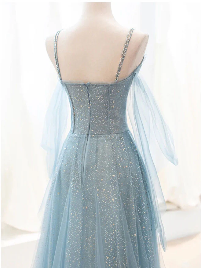 Gray Blue V Neck Tulle Sequin Long Prom Dress, Blue Evening Dress - Deanwangkt