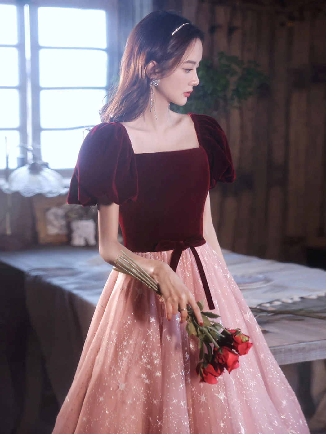 Burgundy velvet/tulle Long Prom Dresses, A line Tulle Formal Graduation Dresses - Deanwangkt