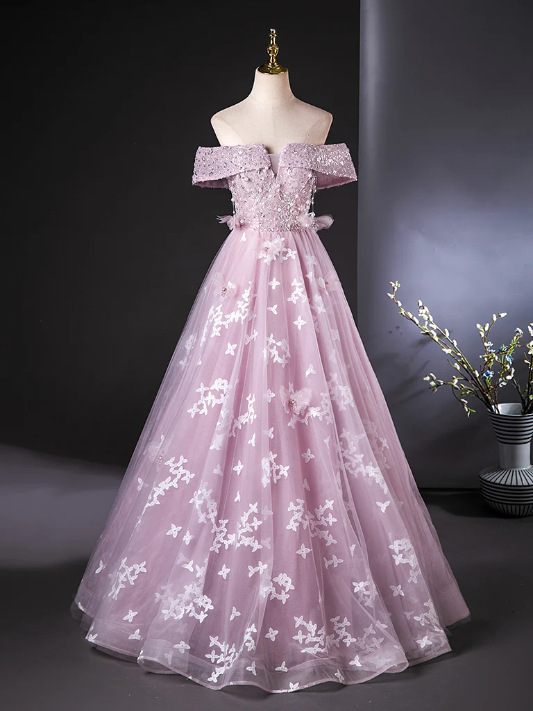 A-Line Off Shoulder Tulle Lace Pink Long Prom Dress, Pink Long Formal Dress - Deanwangkt