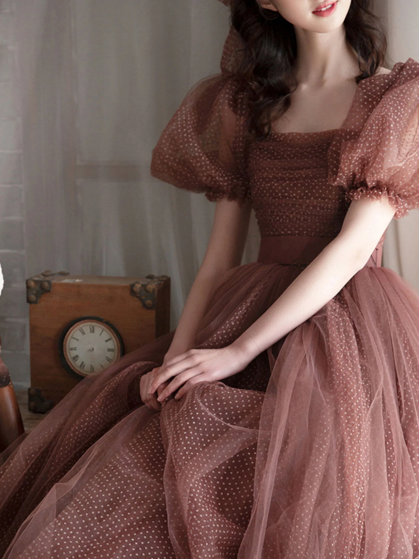 Elegant Retro Brown Tea Length Tulle Prom Dress, Puffy Homecoming Dress - Deanwangkt