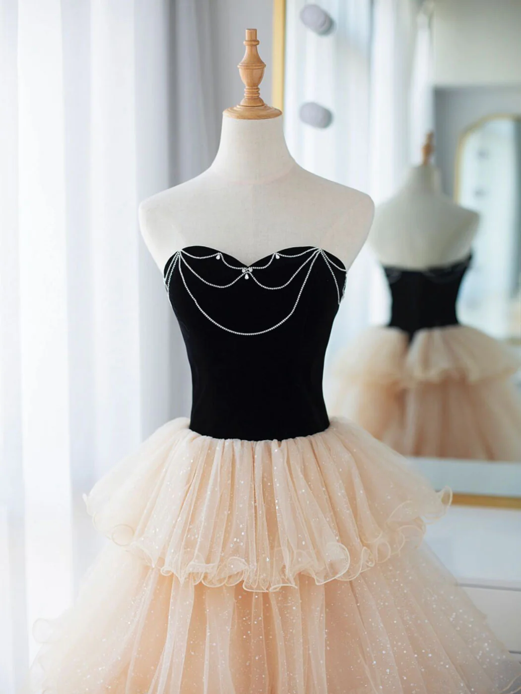 Champagne Sweetheart Neck Tulle Long Prom Dress, Champagne Formal Dresses - Deanwangkt