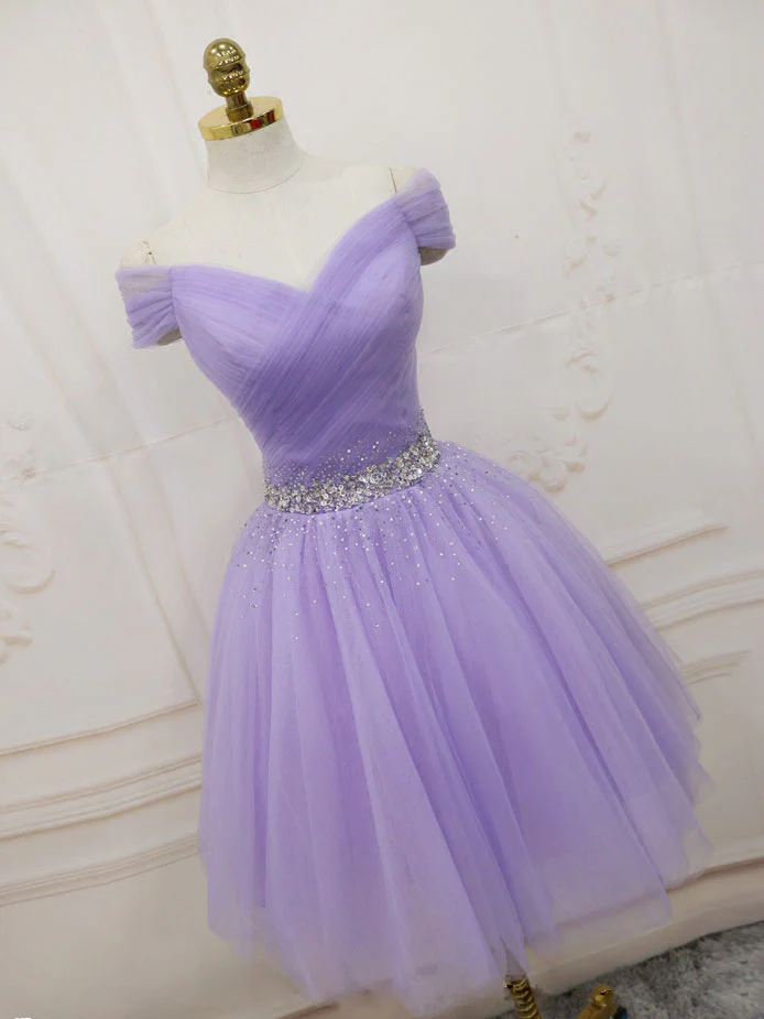 Purple Off Shoulder Tulle Sequin Prom Dress Purple Puffy Homecoming Dress - Deanwangkt
